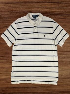 Polo Ralph Lauren Men’s Cream/Blue Stripes 100% Cotton Polo. Custom Fit. Large